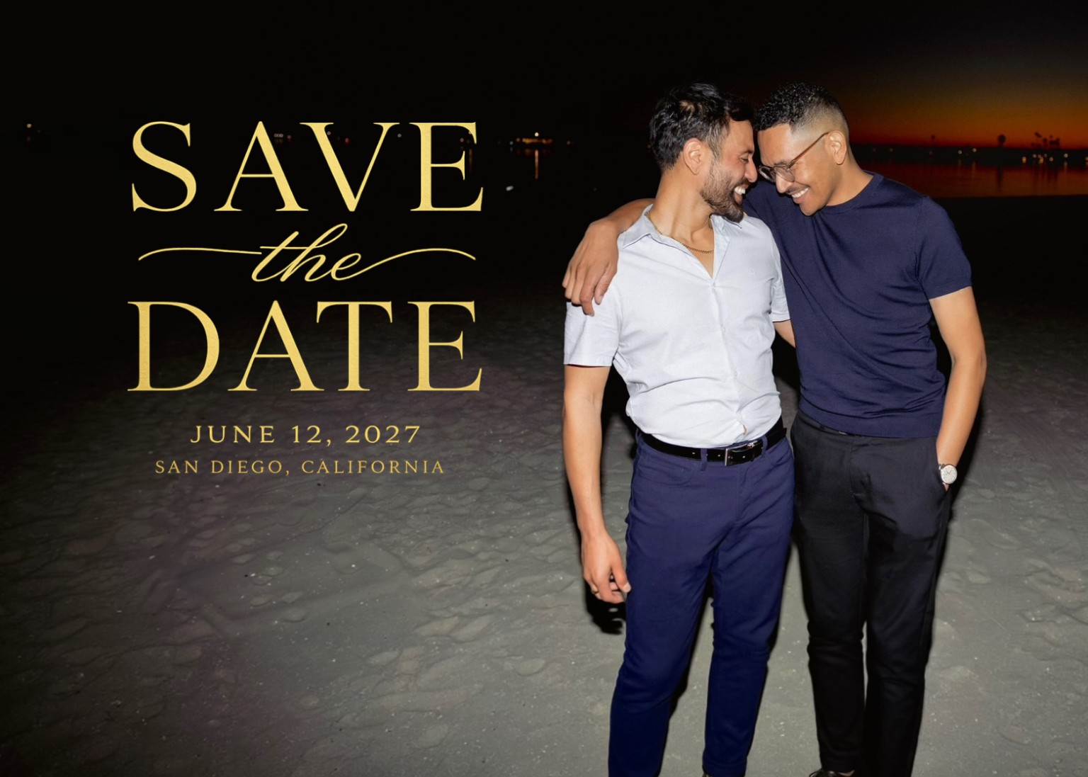 Our mailed Save the Date showing Jorge and Simone at the beach with the date June 12, 2027